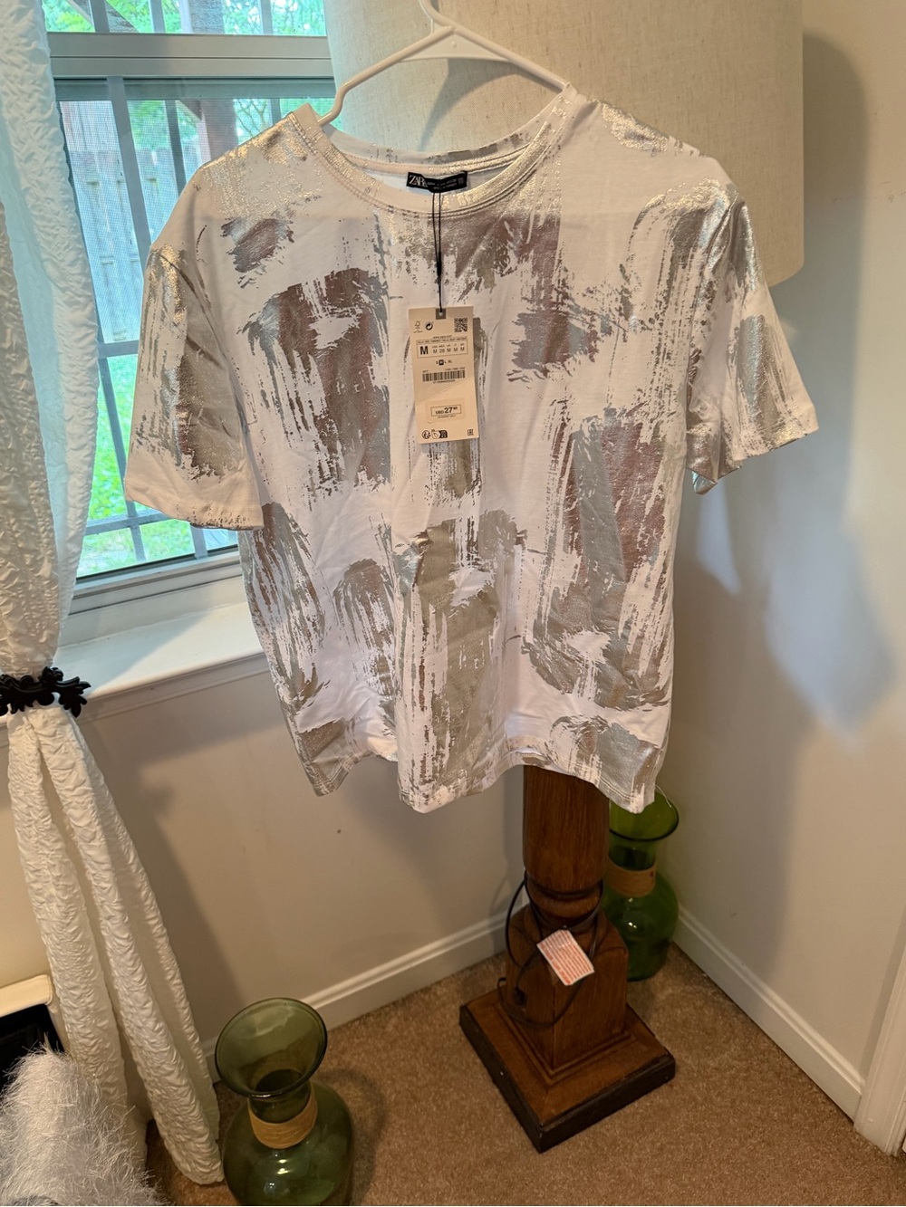 Zara White Tee with Silver & Brown Brushstroke Print
